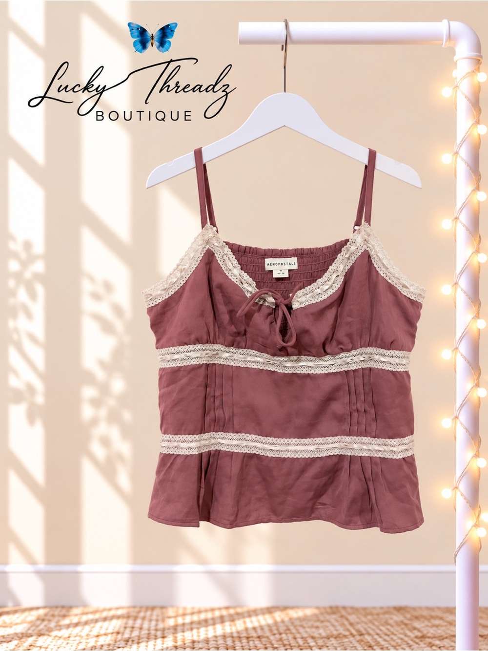 Aeropostale Dusty Rose Mauve Lace Trim Cami Top Medium Coquette Y2K Milkmaid⁠